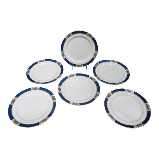 Early 20th Century Lenox Fine China Meadowbrook Blue Gilt Flower 9" Luncheon Plate Set of 6 For Sale