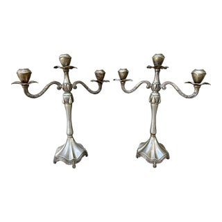 Vintage Late 20th Century Godinger Silver Art Co. 3 Arm Silver Plated Candelabras - Set of 2 For Sale