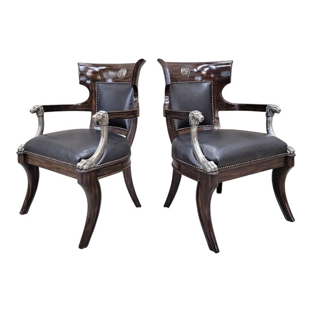 Vintage George IV English Regency Style Black Leather Chairs With Metal Lion Head Arms - Pair For Sale