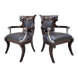 Vintage George IV English Regency Style Black Leather Chairs With Metal Lion Head Arms - Pair