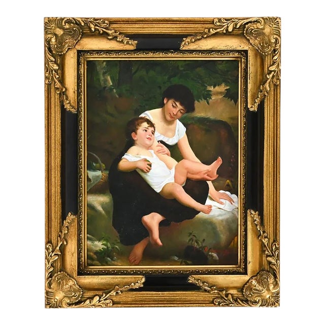 Original Aesthetic Mother and Child Painting in Spanish Baroque Style Frame Signed For Sale