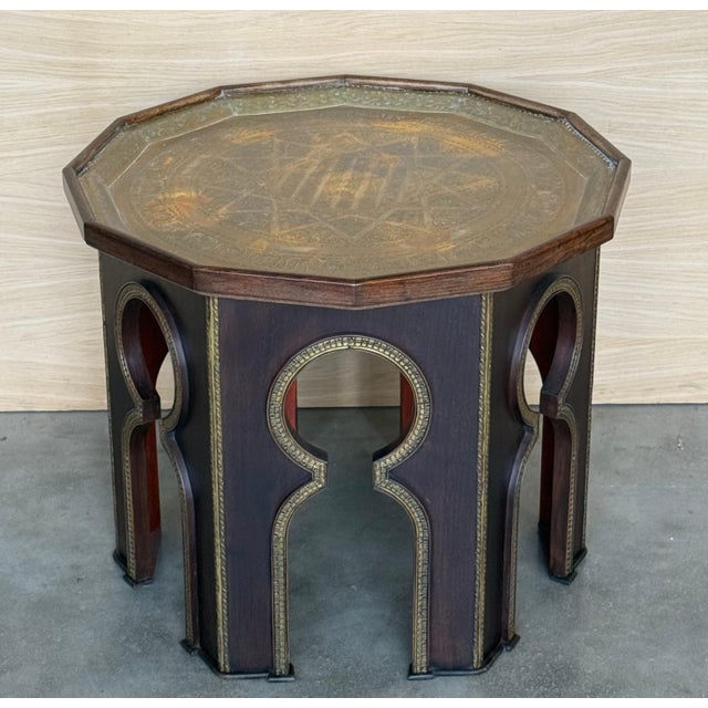 Mid 20th Century Hand Carved Wood Moroccan Side Table with Embossed Metal Top For Sale - Image 17 of 18