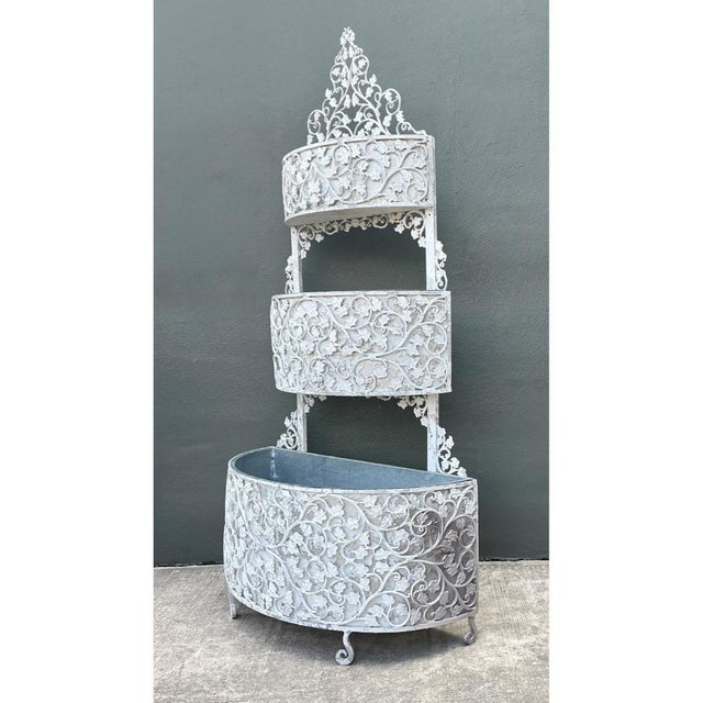 Victorian Vintage Monumental Tiered Wrought Iron Standing Planter For Sale - Image 3 of 12