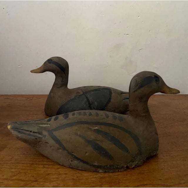 Early 20th Century Pair of Hand-Carved Painted Wooden Duck Decoys, Traditional Hunting Lures, Early 20th Century. For Sale - Image 5 of 5