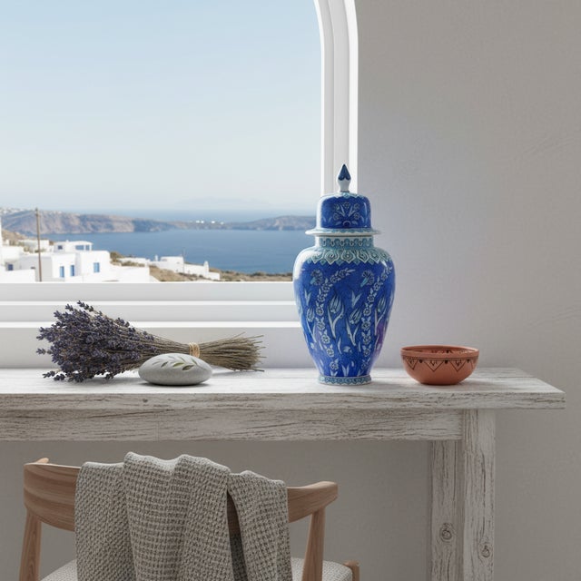 Handmade Ceramic Shah Vase with Lid (30cm) Deep Blue Saz Style Floral Lidded Jar For Sale - Image 4 of 9