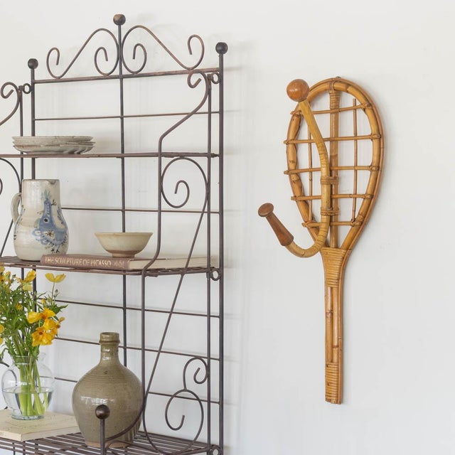 Lovely bamboo and rattan tennis racket wall hook France, 1960s. Bamboo tennis racket frame with two hooks and rattan...