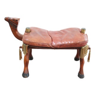 Vintage Egyptian Camel Saddle Stool in Leather and Wood, 1950s For Sale