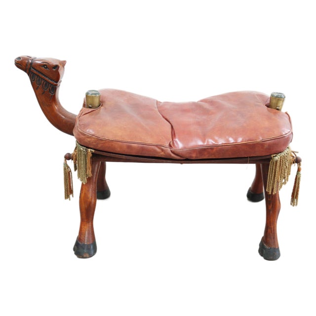 Vintage Egyptian Camel Saddle Stool in Leather and Wood, 1950s For Sale