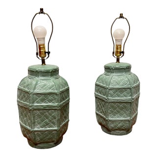 Vintage Basket Weave Plaster Lamps - A Pair For Sale
