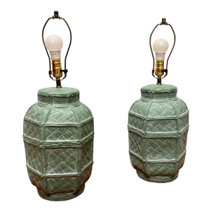 Vintage Basket Weave Plaster Lamps - A Pair