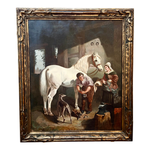 Framed Oil on Canvas "The Village Blacksmith" by James Campbell Moise