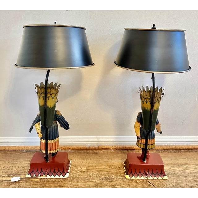1980s Chinoiserie Hand Painted Tole Figural Lamps, a Pair For Sale In Los Angeles - Image 6 of 12