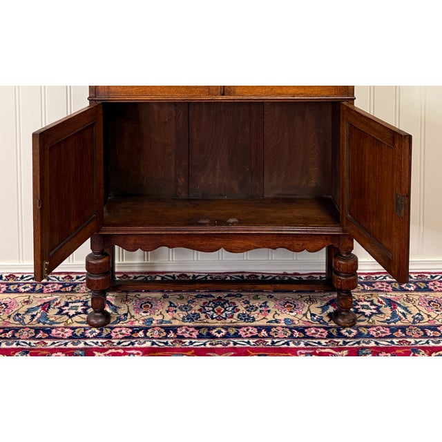 English Antique English Bookcase Bookshelf Cabinet Double Door Wavy Glass Oak c.1930s For Sale - Image 3 of 17