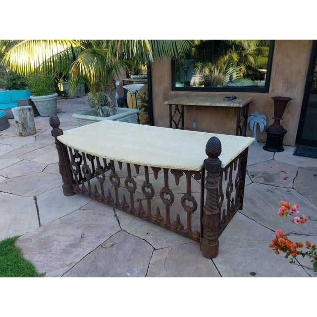 Spectacular cast iron posts and railings antique with vincenza limestone top desk . One of a kind desk custom made truly...