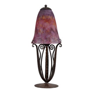 1920s French Art Deco Daum and Robj Table Lamp Burgundy Mottled Glass Wrought Iron For Sale