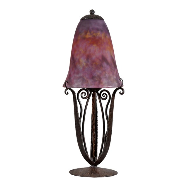 1920s French Art Deco Daum and Robj Table Lamp Burgundy Mottled Glass Wrought Iron For Sale