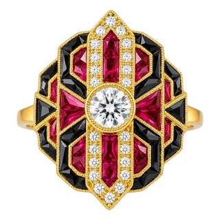 1920s 18K Yellow Gold Art Deco Diamond Hand Cut Ruby Onyx Ring, Size 6.5 For Sale
