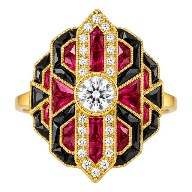 1920s 18K Yellow Gold Art Deco Diamond Hand Cut Ruby Onyx Ring, Size 6.5 For Sale