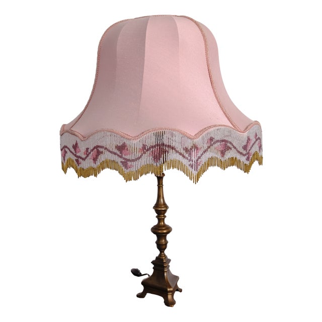 Vintage Table Lamp with Beaded Lampshade and Bronze Base, 1960s For Sale