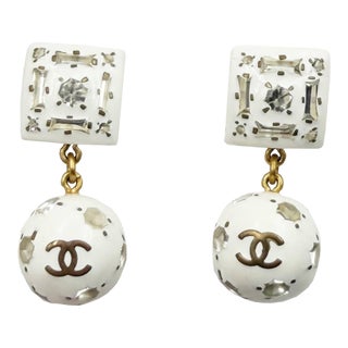 Chanel Vintage Rare Gold Plated White Square Gemstone Crystal Ball Earrings, A Pair For Sale