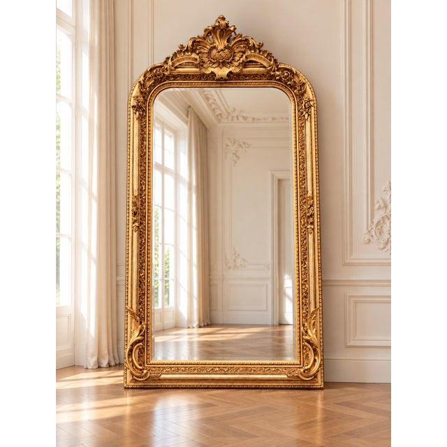 This elegant late 20th-century French Louis XVI–style floor mirror combines classical neoclassical proportions with a warm...