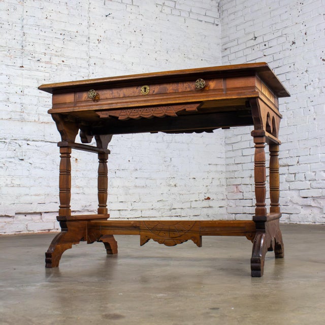 Late 19th Century Eastlake Victorian Style Ladies Writing Desk Walnut Burl and Faux Leather Top For Sale - Image 9 of 18