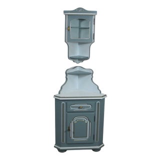 Corner Cabinet with Wall Hanging Display Cabinet in Seafoam Blue, 1960s For Sale