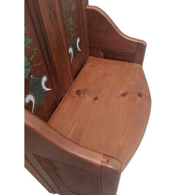 Vintage Folk Art Hand Painted Oak Hall Chair Bench For Sale In Charlotte - Image 6 of 18