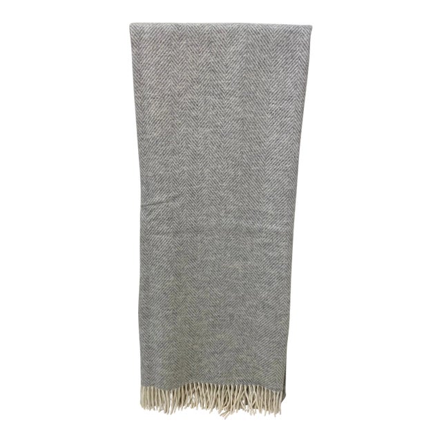 Heather Grey Merino Lambswool Throw in a Chevron / Herringbone Pattern - Made in England For Sale