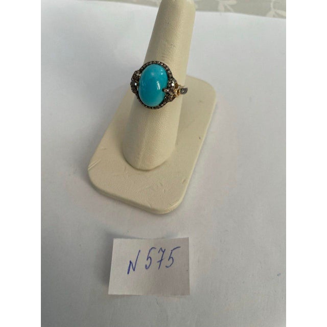 Oval Shape Blue Teal Turquoise Diamond Halo Pave 14k Yellow Gold Ring, Size 7 For Sale - Image 13 of 13