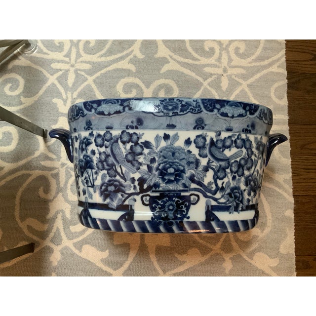 Vintage English Style Blue and White Ironstone Footbath For Sale - Image 11 of 13