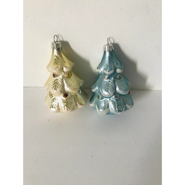 Stunning pair of large European Vintage Christmas Ornaments Trees in blue and white, hand blown and Handpainted, 4”.