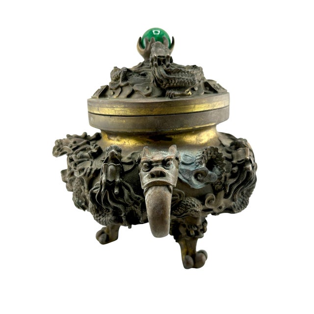 Antique Chinese Bronze Censer With Jade Orb Finial – Dragon Temple Incense Burner For Sale - Image 4 of 11