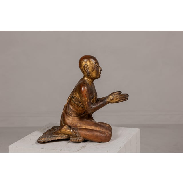 Thai 1900s Gilt and Polychrome Hand Carved Sculpture of Seated Buddhist Monk For Sale - Image 10 of 12