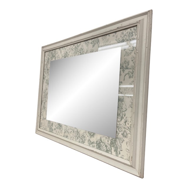Vintage Floral Toile Mirror With Distressed White Wood Frame For Sale
