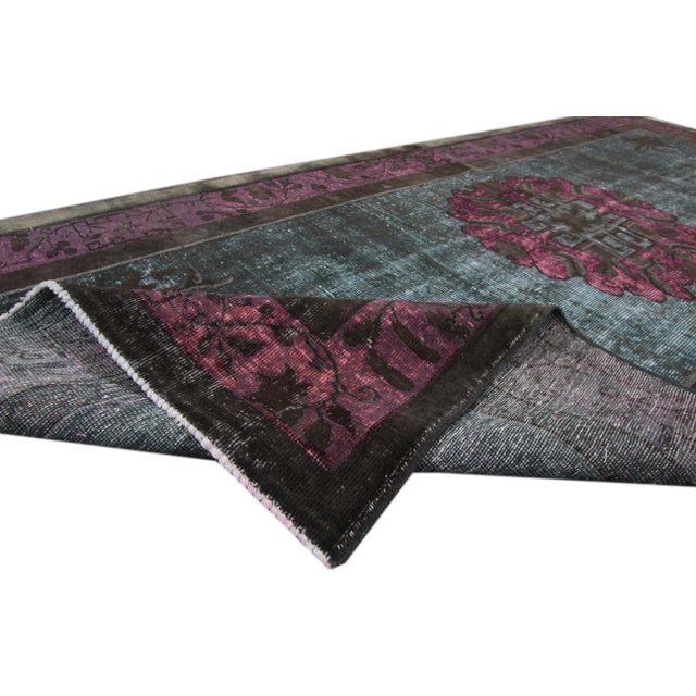 Turkish 1960s Vintage Turkish Revival Overdyed Handmade Teal Medallion Wool Runner For Sale - Image 3 of 7