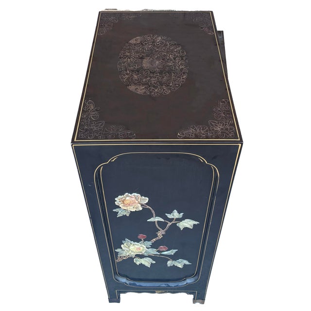 Chinese Pair of Laquer and Soapstone Inlay Cabinets/Nightstands For Sale - Image 3 of 7