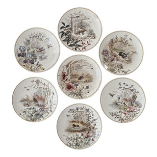 French Flora and Fauna Terre de Fer Plates from Sarreguemines, 1890, Set of 7 For Sale