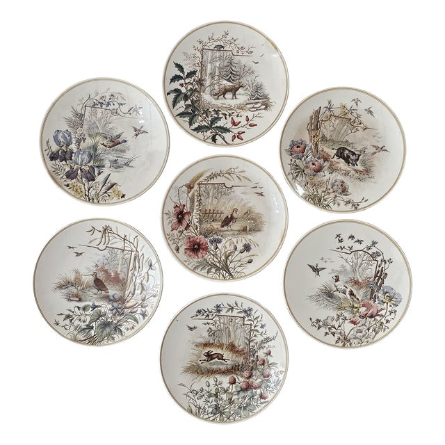 French Flora and Fauna Terre de Fer Plates from Sarreguemines, 1890, Set of 7 For Sale