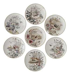 French Flora and Fauna Terre de Fer Plates from Sarreguemines, 1890, Set of 7