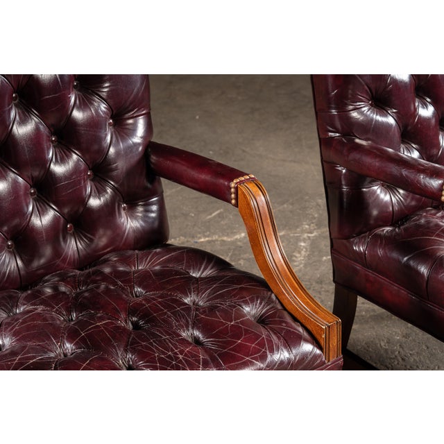 Late 20th Century Pair of Tufted Leather Square-Back Dining Chairs in Oxblood For Sale - Image 12 of 17