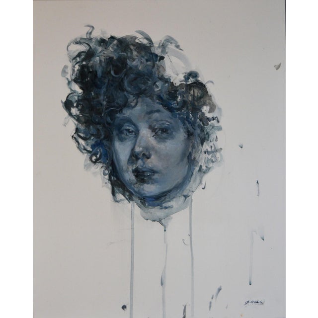 Soot and Salt by Jaclyn Alderete | Liquid pencil and oil on board Portrait of a woman with curly hair For Sale
