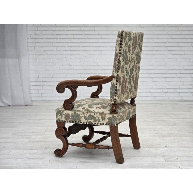 Scandinavian Highback Armchair in Patterned Fabric and Hand-Carved Oak, 1950s For Sale - Image 12 of 18