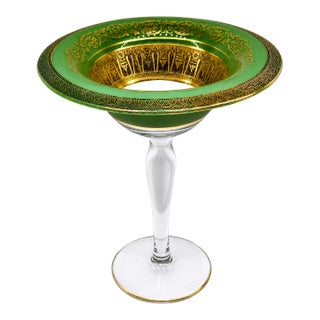 Art Deco 1930s Bohemian Green & Gold Compote, Moser Style For Sale