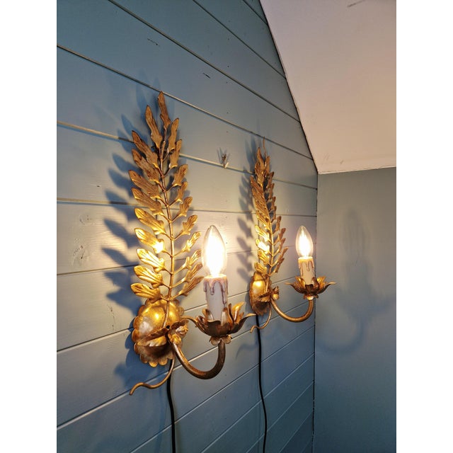 Hollywood Regency Italian Wall Sconces in Gilt Metal, 1970s, Set of 2 For Sale - Image 6 of 13