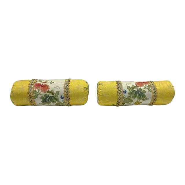 Vintage Pair Floral Silk Bolster Pillows For Sale