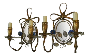 C1940's Hollywood Regency Attribution to Maison Bagues Gilt Tole With Crystal Mirror Back Wall Sconces - a Pair
