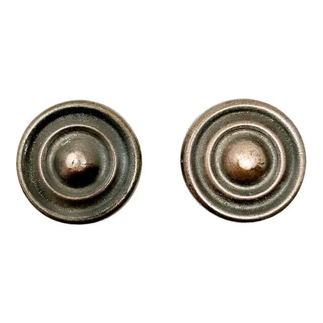 Vintage Mid 20th Century Heavy Brass Circular Knobs Handle Hardware - Set of 2 For Sale