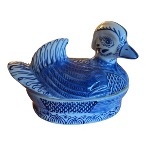 1990s Blue & White Porcelain Duck Serving Bowl Dish With Lid