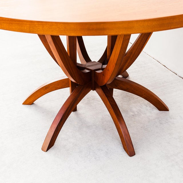 Monumental Mid Century Modern Expandable Pedestal Base Dining Table in Walnut For Sale In Los Angeles - Image 6 of 15